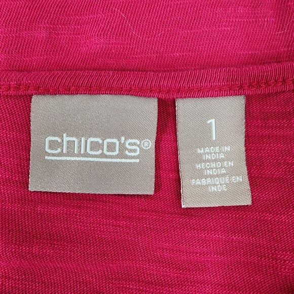 Chico's Womens Top Size 1 Medium Fancy Keyhole Neckline Pink Cotton Short Sleeve - Picture 7 of 10